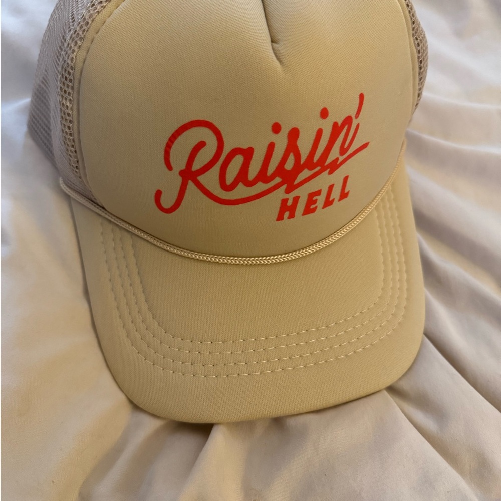 Beige Trucker Hat with Red 'Raisin' Hell' Design